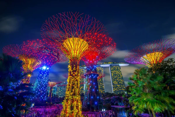 Singapur - 11 Şubat 2017: Singapur Singapur cityscape geceleri. — Stok fotoğraf