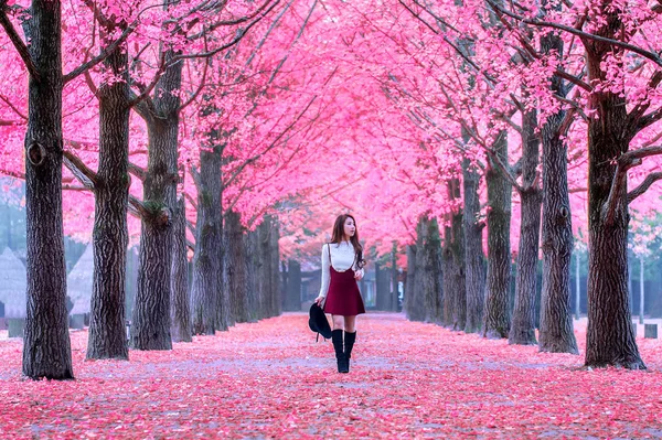 O fată frumoasă cu frunze roz în Nami Island, Coreea de Sud . — Fotografie, imagine de stoc