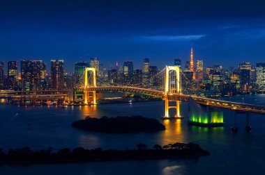 Tokyo siluetinin Gökkuşağı Köprüsü ve Tokyo kule ile. Tokyo, Japonya.
