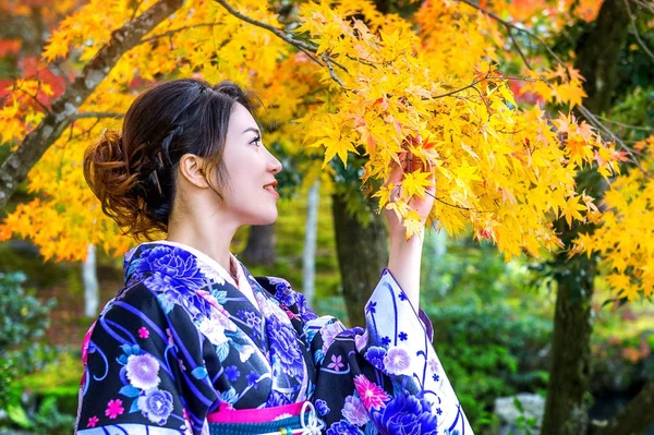 Mulher asiática vestindo quimono tradicional japonês no parque de outono. Japão — Fotografia de Stock