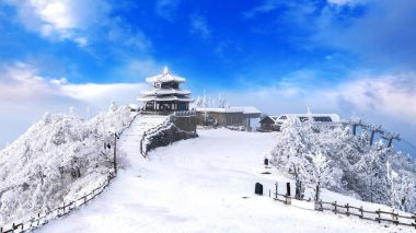 Deogyusan dağlar kış, Güney Kore tarafından kar ve sabah sis kaplı.