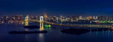 Tokyo şehir manzarası ve gece gökkuşağı köprüsü manzarası.