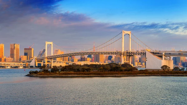 日本日出时的彩虹桥和东京城市景观. — 图库照片