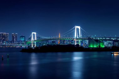 Tokyo siluetinin Gökkuşağı Köprüsü ve Tokyo kule ile. Tokyo, Japonya.
