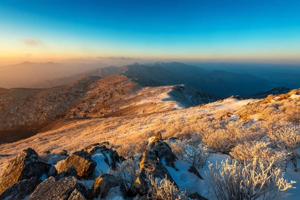 Salida del sol en las montañas Deogyusan cubiertas de nieve en invierno, Corea del Sur . — Foto de Stock