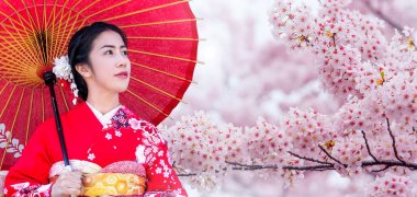 Japonya 'da ilkbaharda geleneksel Japon kimonosu ve kiraz çiçeği giyen Asyalı kadın..