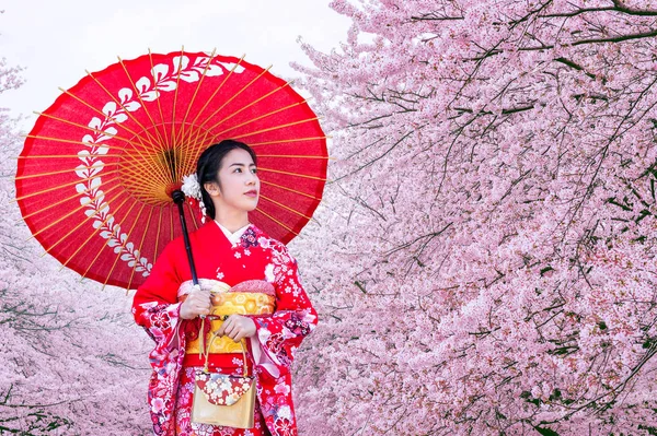 Mulher asiática vestindo quimono tradicional japonês e flor de cereja na primavera, Japão. — Fotografia de Stock