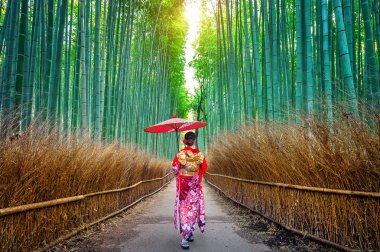 Bambu Ormanı. Japonya 'nın Kyoto kentindeki Bambu Ormanı' nda geleneksel Japon kimonosu giyen Asyalı kadın..