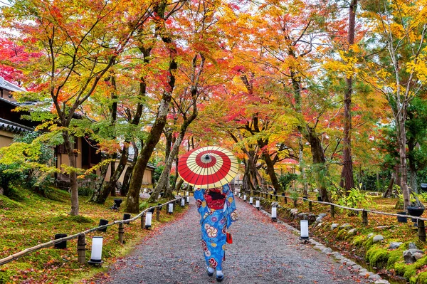 Азиатка в японском традиционном кимоно гуляет в осеннем парке . — стоковое фото