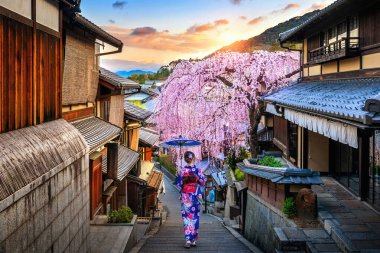 Japon geleneksel kimonosu giyen bir kadın ilkbaharda Higashiyama 'da yürüyor, Kyoto, Japonya' da..
