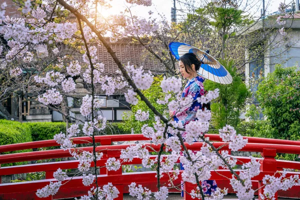 春に日本の伝統的な着物と桜を着たアジア人女性、日本の京都寺院. — ストック写真