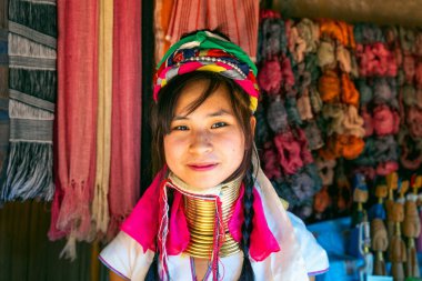 CHIANG RAI, THAILAND - FEB 14, 2020 : Long Neck Karen woman smiling at hill tribe villages, Chiang Rai Province, Thailand.