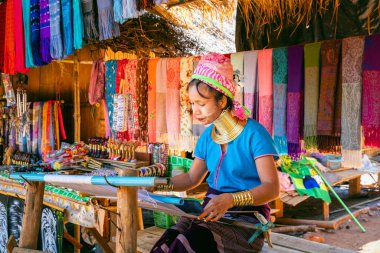 CHIANG RAI, THAILAND - FEB 14, 2020 : Long Neck Karen woman at hill tribe villages, Chiang Rai Province, Thailand.