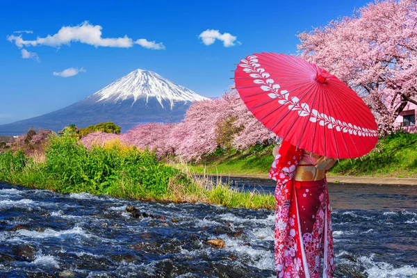 Asian Woman Wearing Japanese Traditional Kimono Looking Cherry Blossoms Fuji — Stock Photo, Image