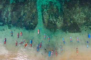 Tayland 'daki Koh Tao adasındaki uzun kuyruklu teknelerin hava görüntüsü..