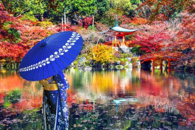 Kyoto 'daki Daigoji Tapınağı' nda geleneksel Japon kimonosu giyen Asyalı kadın. Japonya sonbahar mevsimleri.