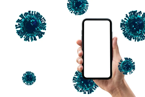 Handhaltendes Smartphone Und Covid Coronavirus Viren Rendering Hintergrund — Stockfoto
