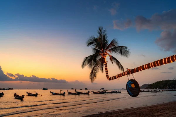 Hermosos Cocoteros Puesta Sol Playa Isla Koh Tao Tailandia — Foto de Stock