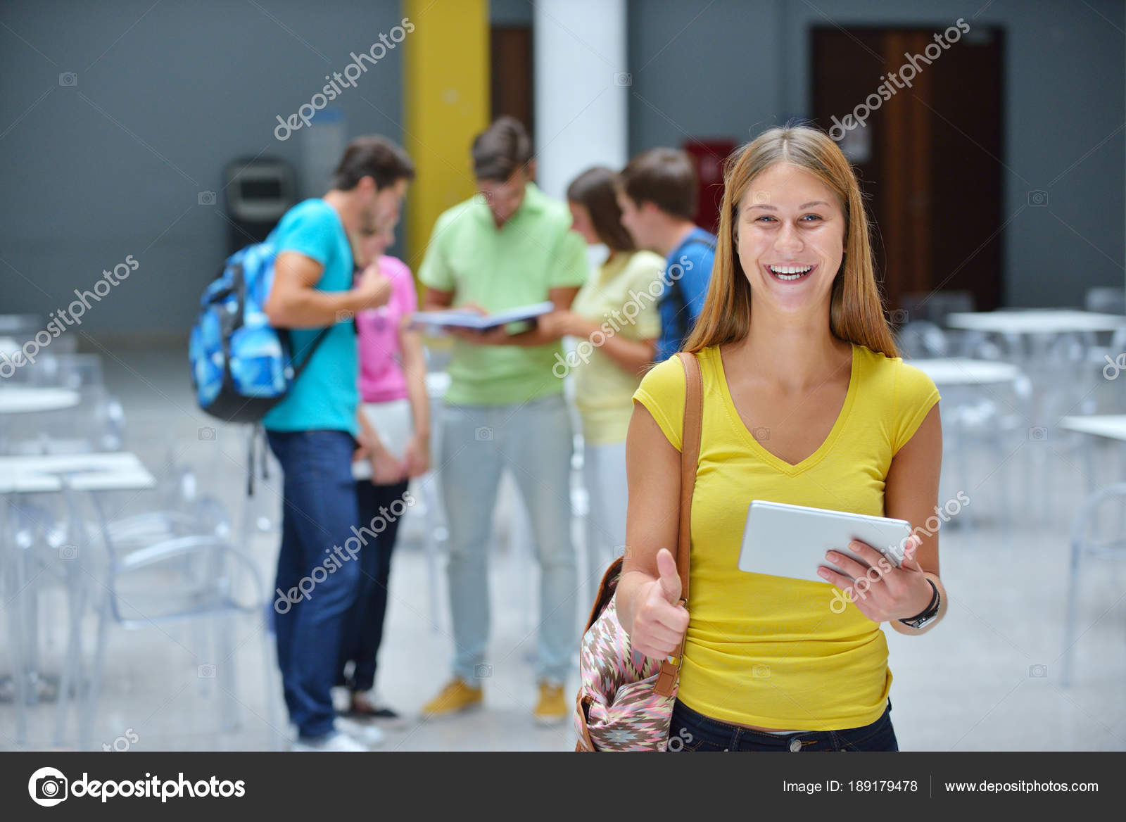 Group Students Standing Modern Gadgets University Building Stock Photo