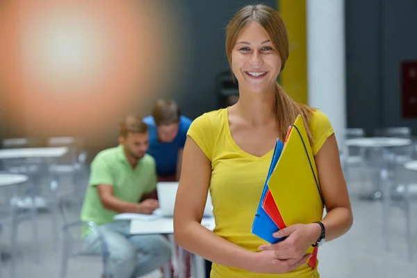 Ritratto Studentessa Con Cartelle Colorate Piedi Nel Caffè Amici Maschi — Foto Stock