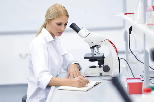 Retrato Joven Científico Usando Microscopio Laboratorio — Foto de Stock