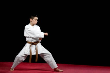 karate kata egzersizleri eğitim sırasında beyaz kimono içinde küçük bir çocuk