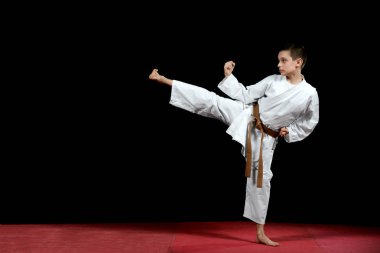 karate kata egzersizleri eğitim sırasında beyaz kimono içinde küçük bir çocuk
