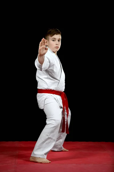 Garotinho Quimono Branco Durante Treinamento Exercícios Karatê Kata — Fotografia de Stock