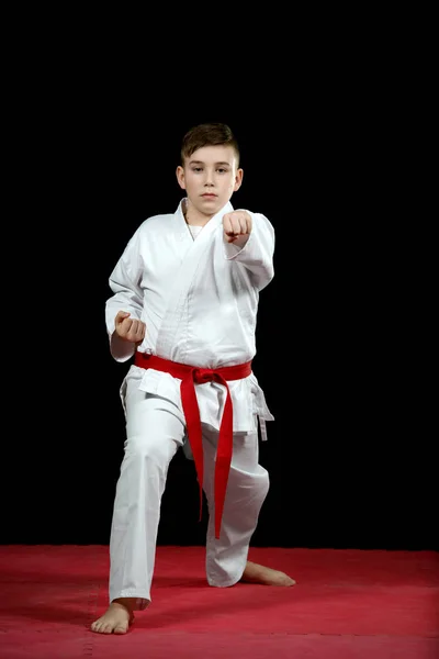 Garotinho Quimono Branco Durante Treinamento Exercícios Karatê Kata — Fotografia de Stock