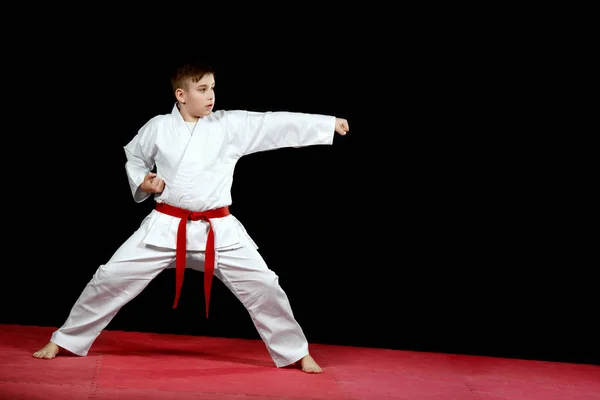 Egy Kisfiú Fehér Kimonó Képzés Karate Kata Gyakorlatok Során — Stock Fotó