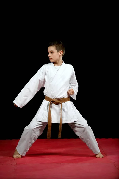 Karate Kata Egzersizleri Eğitim Sırasında Beyaz Kimono Içinde Küçük Bir — Stok fotoğraf