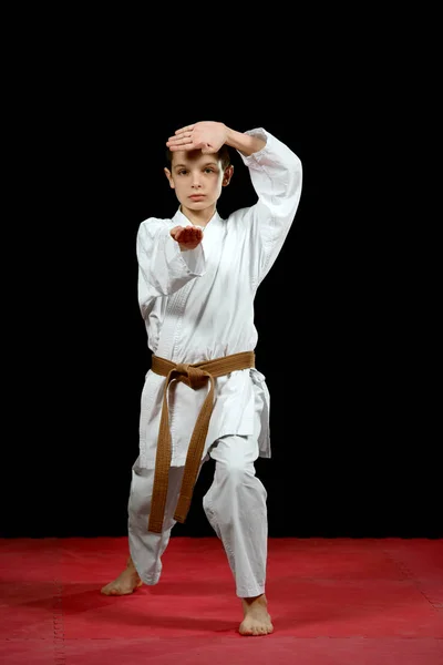 Een Jongetje Witte Kimono Tijdens Training Karate Kata Oefeningen — Stockfoto