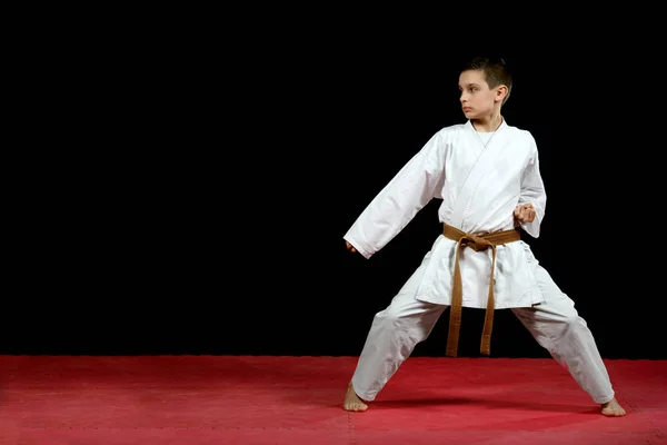 One Little Boy White Kimono Training Karate Kata Exercises — Stock Photo, Image