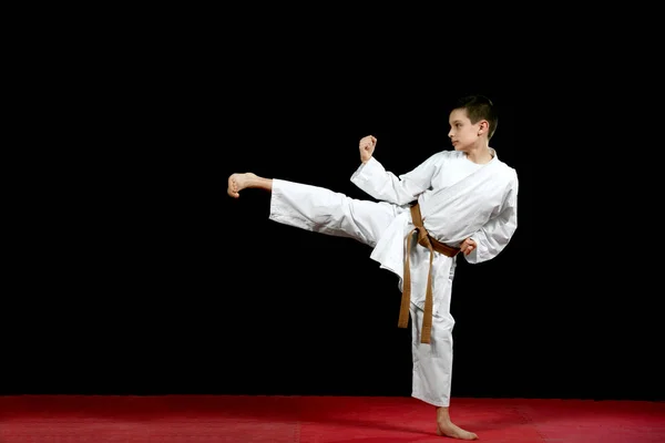 Garotinho Quimono Branco Durante Treinamento Exercícios Karatê Kata — Fotografia de Stock