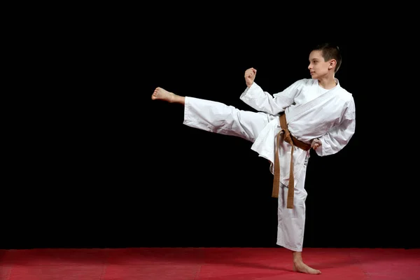 Garotinho Quimono Branco Durante Treinamento Exercícios Karatê Kata — Fotografia de Stock