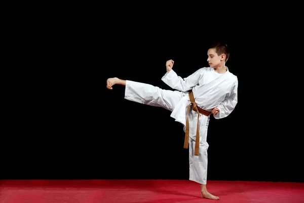 Liten Pojke Vit Kimono Utbildningen Karate Kata Övningar — Stockfoto