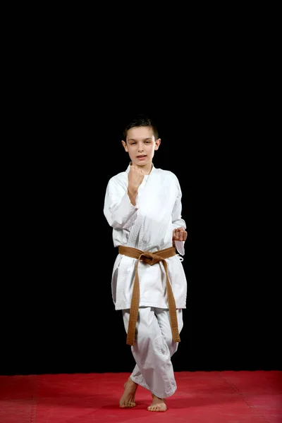 One Little Boy White Kimono Training Karate Kata Exercises — Stock Photo, Image