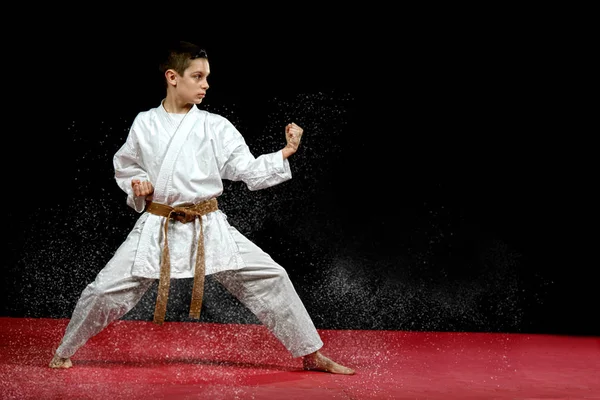 Liten Pojke Vit Kimono Utbildningen Karate Kata Övningar — Stockfoto
