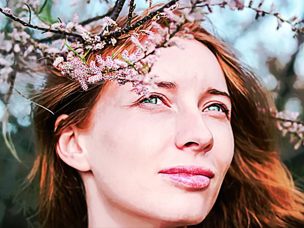 Kızıl saçlı modeli arasında çiçek akasya