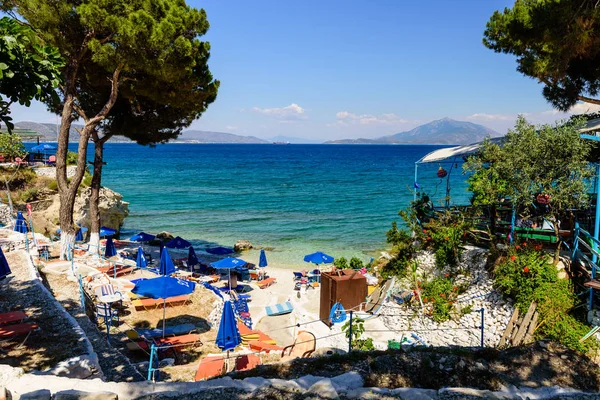 Samos Island, Yunanistan - 22 Mayıs 2017: Pappa plajıdır pitoresk plaja popüler tatil yeri Sisam Adası