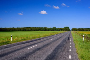 Mavi gökyüzünün arka planında bulutlu asfalt yol. Estonya 'nın tipik manzarası