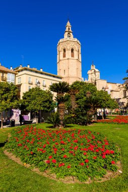 Valencia, İspanya - 6 Ocak 2020 İspanya turu. Katedral ve Plaza de la Reina, Valencia şehri.