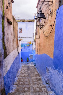 Fas 'ı gezmek. Fas 'ın Chefchaouen kasabasının güzel mavi medina' sı