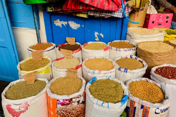Essaouira Morocco December 2018 Colorful Oriental Market Morocco Bags Spices — Stock Photo, Image