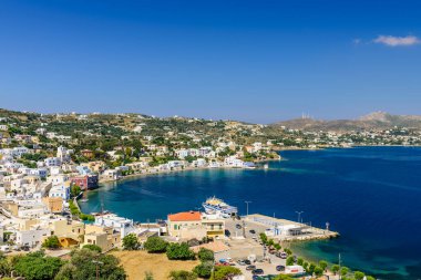 Leros Adası, Dodecanese, Yunanistan - 31 Mayıs 2017: Agia Marina Köyü 'nün havadan görünüşü