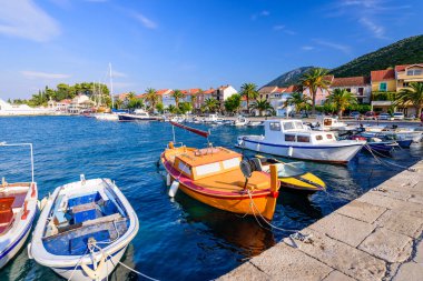 Hırvatistan 'ın Dalmaçya bölgesindeki Peljesac Yarımadası' ndaki Trpanj limanında renkli balıkçı tekneleri. Trpanj kasabasındaki Adriyatik Denizi 'nin pitoresk kıyıları