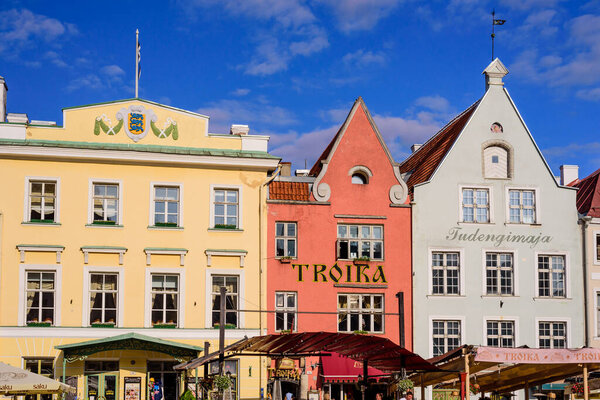 Tallinn, Estonia - August 2, 2019: colorful bright facades of buildings in Tallinn old town