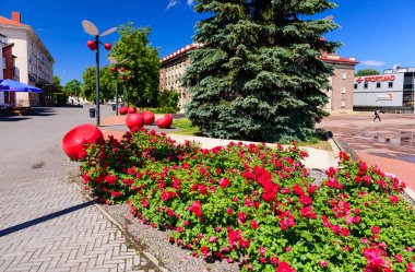 Johvi kasabası, Estonya - 22 Haziran 2019: Estonya gezisi. Johvi 'nin şehir manzarası. Johvi 'deki merkez meydan, güzel yaz manzarası.