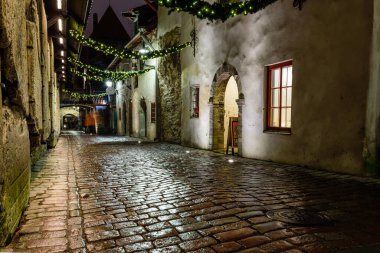Tallinn, Estonya - 17 Aralık 2016: Tallinn 'deki St. Catherine Geçidi, gece görüşü
