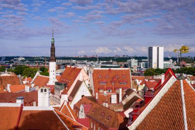 Tallinn, Estonya - 2 Ağustos 2019: Estonya gezisi. Tallinn Eski Kasabası 'nın havadan görünüşü. Şehrin klasik ikonik görünümü.
